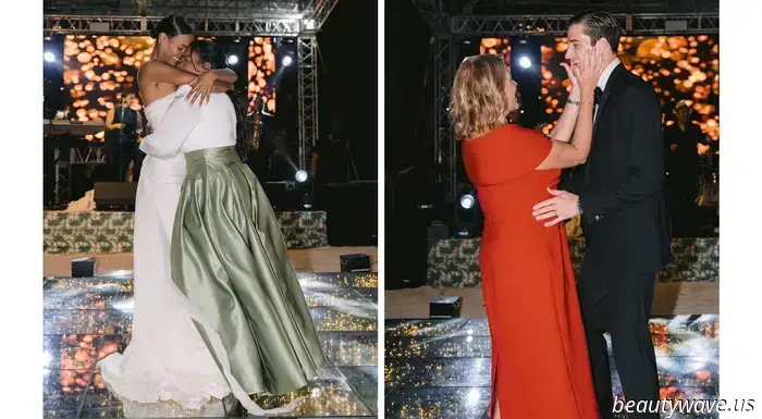 The bride donned a custom-made dress, while the groom opted for Ralph Lauren for their stunning beach wedding in the Caribbean.
