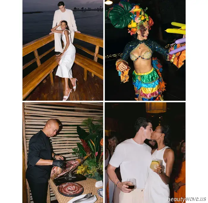 The bride donned a custom-made dress, while the groom opted for Ralph Lauren for their stunning beach wedding in the Caribbean.