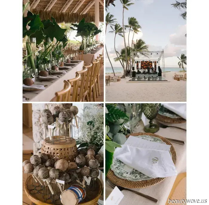 The bride donned a custom-made dress, while the groom opted for Ralph Lauren for their stunning beach wedding in the Caribbean.