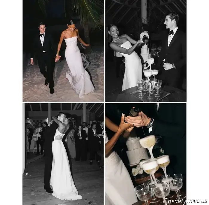 The bride donned a custom-made dress, while the groom opted for Ralph Lauren for their stunning beach wedding in the Caribbean.