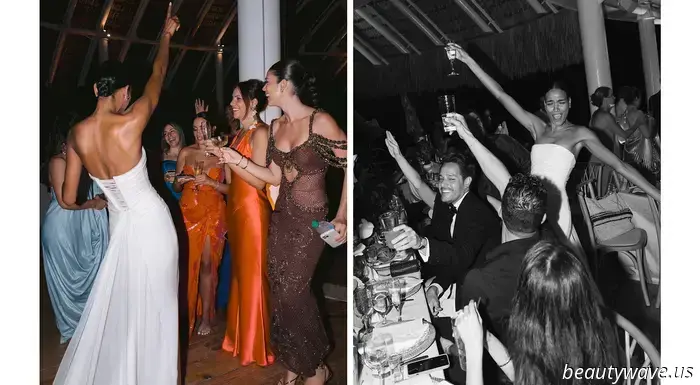 The bride donned a custom-made dress, while the groom opted for Ralph Lauren for their stunning beach wedding in the Caribbean.