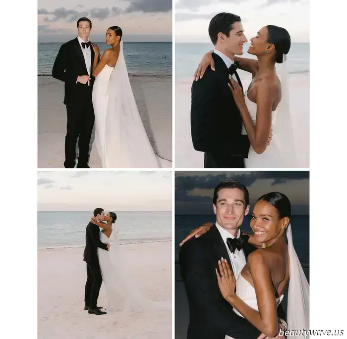 The bride donned a custom-made dress, while the groom opted for Ralph Lauren for their stunning beach wedding in the Caribbean.
