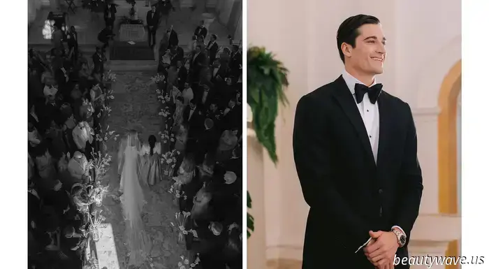The bride donned a custom-made dress, while the groom opted for Ralph Lauren for their stunning beach wedding in the Caribbean.