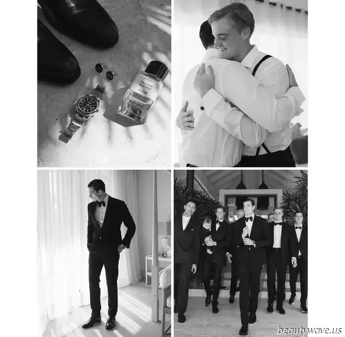 The bride donned a custom-made dress, while the groom opted for Ralph Lauren for their stunning beach wedding in the Caribbean.