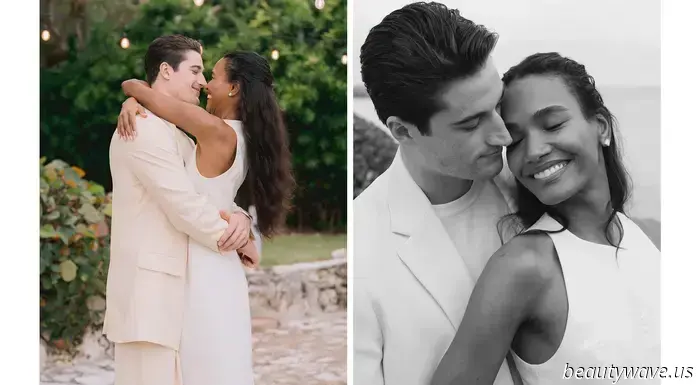 The bride donned a custom-made dress, while the groom opted for Ralph Lauren for their stunning beach wedding in the Caribbean.