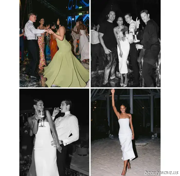 The bride donned a custom-made dress, while the groom opted for Ralph Lauren for their stunning beach wedding in the Caribbean.