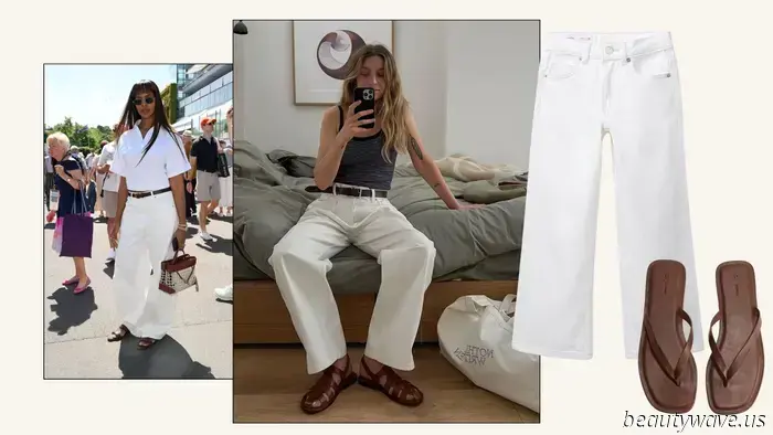 Diese Sandalenfarbe garantiert, dass Ihre weißen Jeans-Outfits schick und nicht billig aussehen