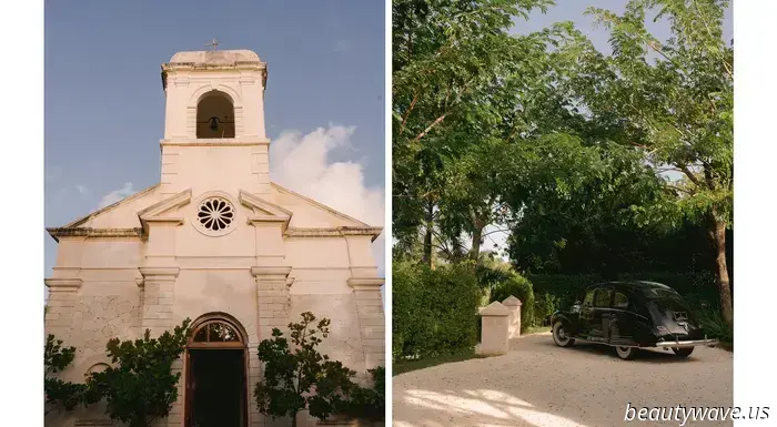 The bride donned a custom-made dress, while the groom opted for Ralph Lauren for their stunning beach wedding in the Caribbean.