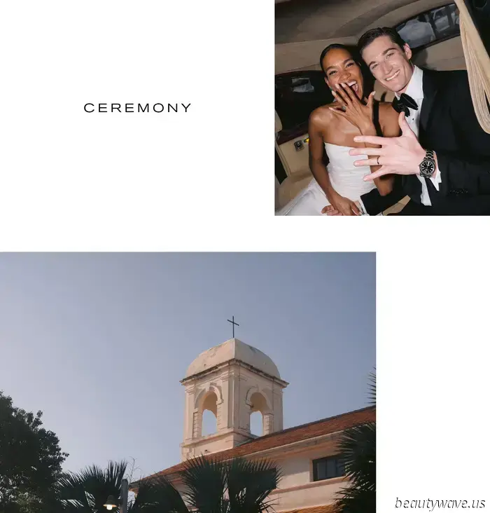 The bride donned a custom-made dress, while the groom opted for Ralph Lauren for their stunning beach wedding in the Caribbean.