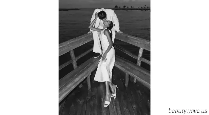The bride donned a custom-made dress, while the groom opted for Ralph Lauren for their stunning beach wedding in the Caribbean.