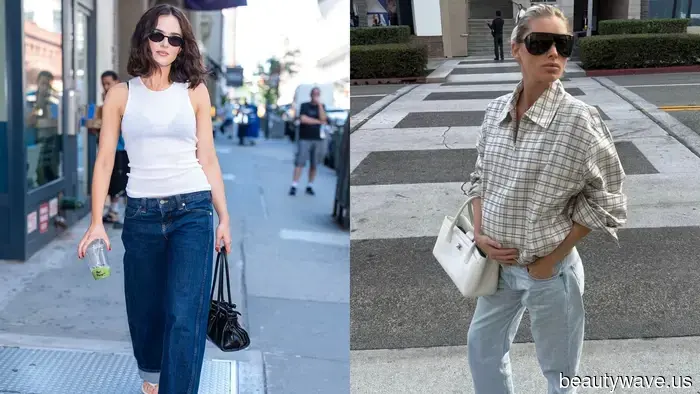 Celebrities in their 30s are pairing low-rise baggy jeans with this popular sandal color trend.