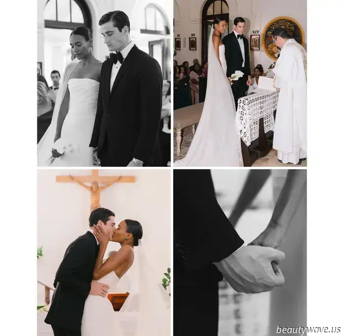 The bride donned a custom-made dress, while the groom opted for Ralph Lauren for their stunning beach wedding in the Caribbean.
