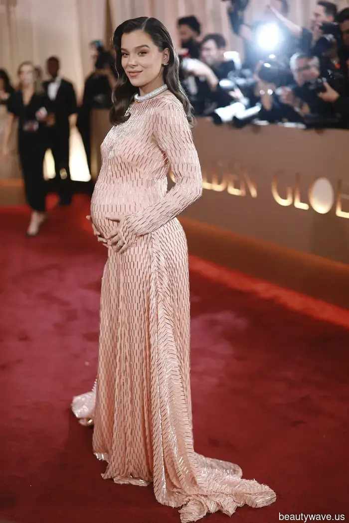 Hailee Steinfeld Just Showcased Her Baby Bump at the Golden Globes—Check Out Her Stunning Dress from All Angles.