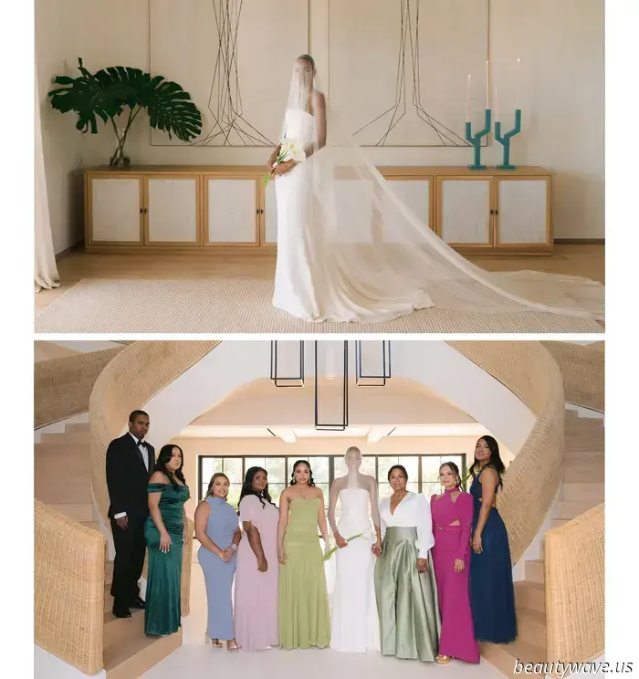 The bride donned a custom-made dress, while the groom opted for Ralph Lauren for their stunning beach wedding in the Caribbean.
