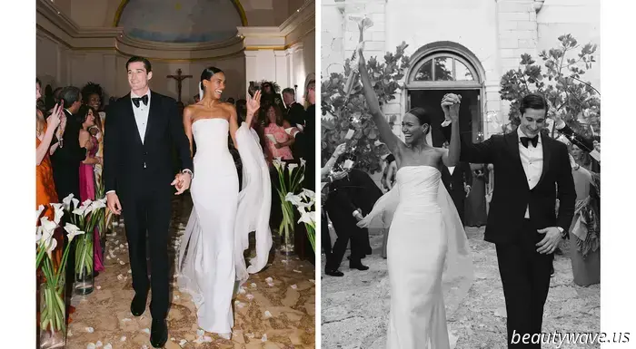 The bride donned a custom-made dress, while the groom opted for Ralph Lauren for their stunning beach wedding in the Caribbean.
