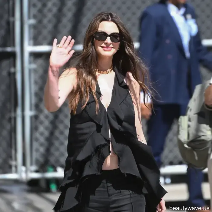 Anne Hathaway sported this sheer pink nail polish priced at $18 during the filming of The Devil Wears Prada 2.
