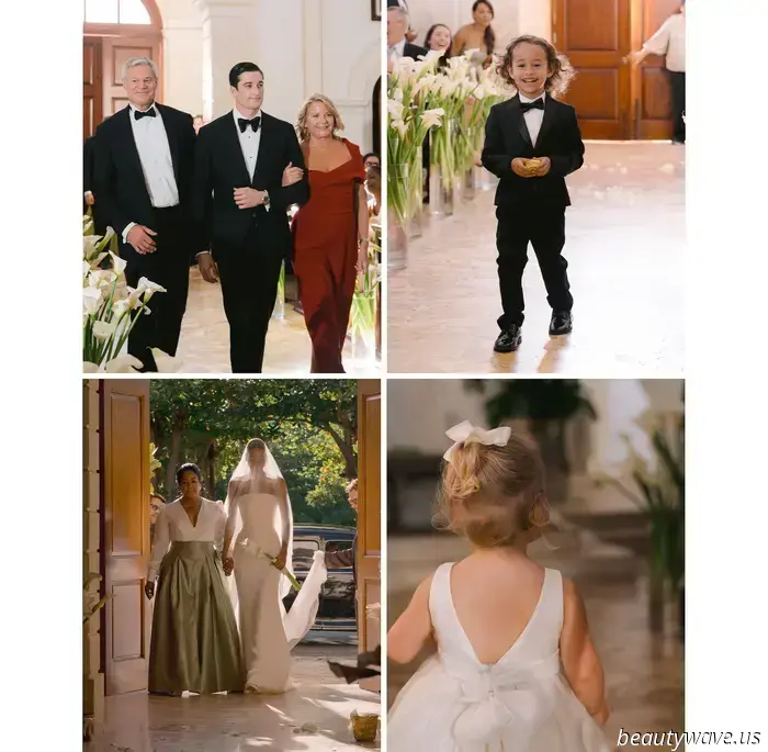 The bride donned a custom-made dress, while the groom opted for Ralph Lauren for their stunning beach wedding in the Caribbean.